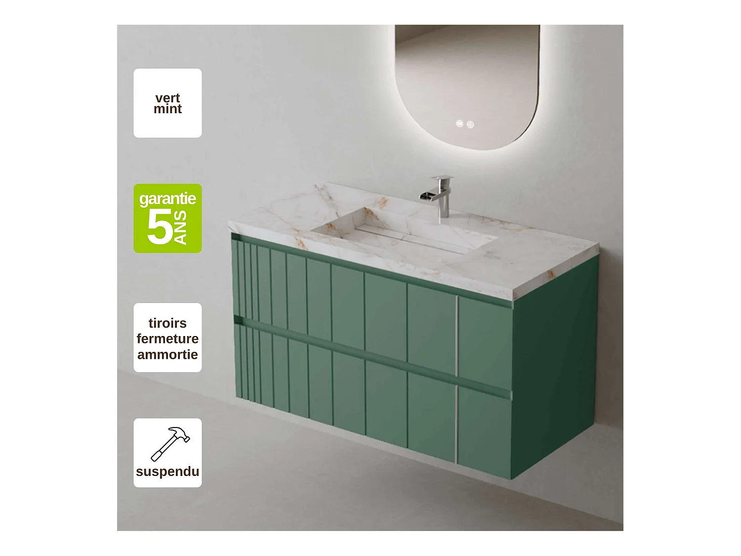 Meuble Salle de Bain POLE (61 cm x H54 x P45 cm), Plan Grès Cérame BS, 2 Tiroirs, Laqué Vert Mint