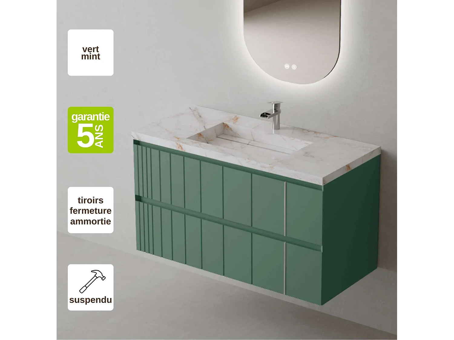 Meuble Salle de Bain POLE 60cm, Plan Vasque Grès Cérame, 2 Tiroirs, Laqué Vert Mint, H 54cm x P 45cm