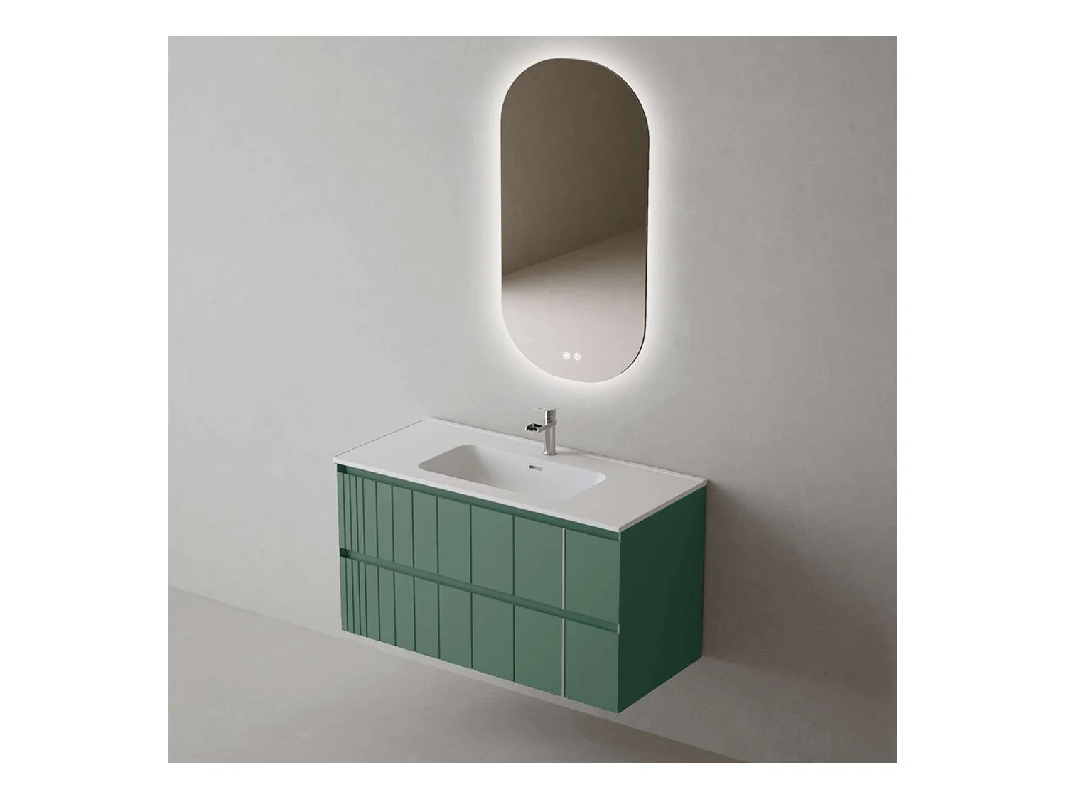 Meuble Salle de Bain POLE (61 cm x H54 x P45 cm), Plan Vasque Céramique WM, 2 Tiroirs, Laqué Vert Mint