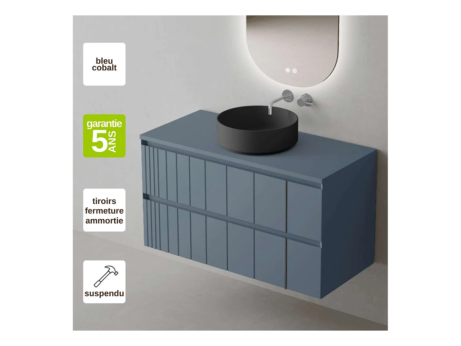 Meuble Salle de Bain POLE (101 cm x H54 x P45 cm), Plan Vasque Marin ROLL N.Mat, 2 Tiroirs, Laqué Bleu Cobalt Mat