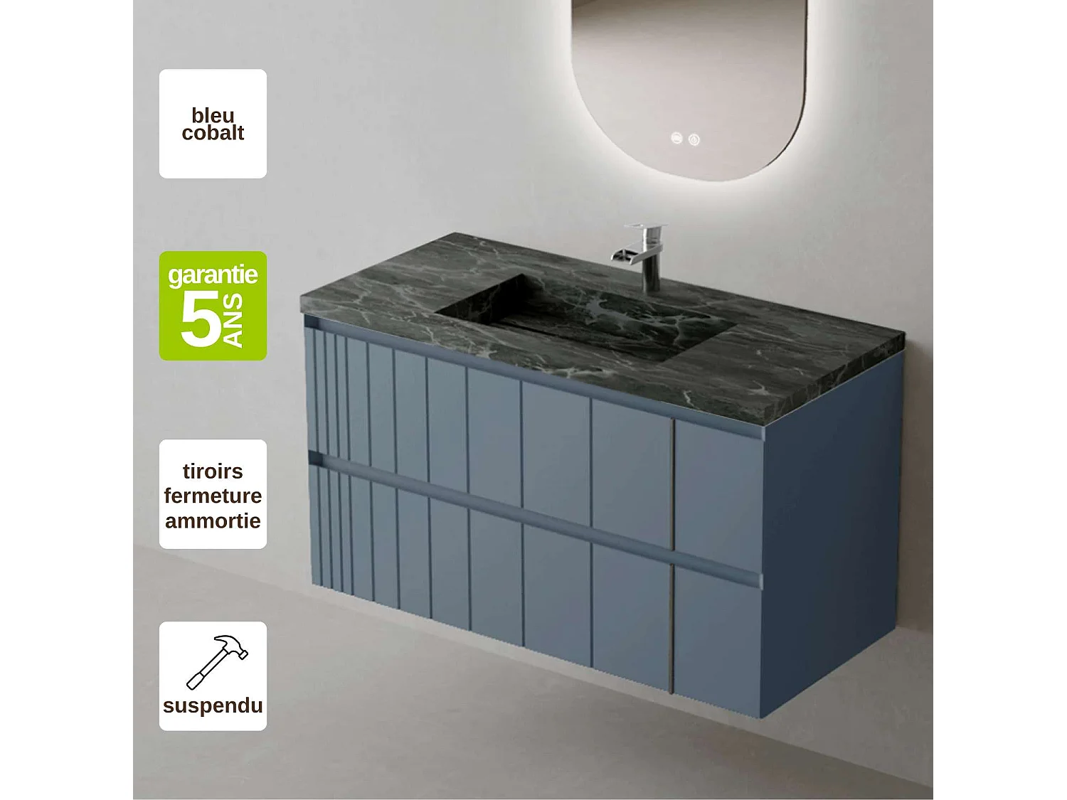 Meuble Salle de Bain POLE 60cm, Plan Vasque Grès Cérame, 2 Tiroirs, Laqué Bleu Cobalt, H 54cm x P 45cm