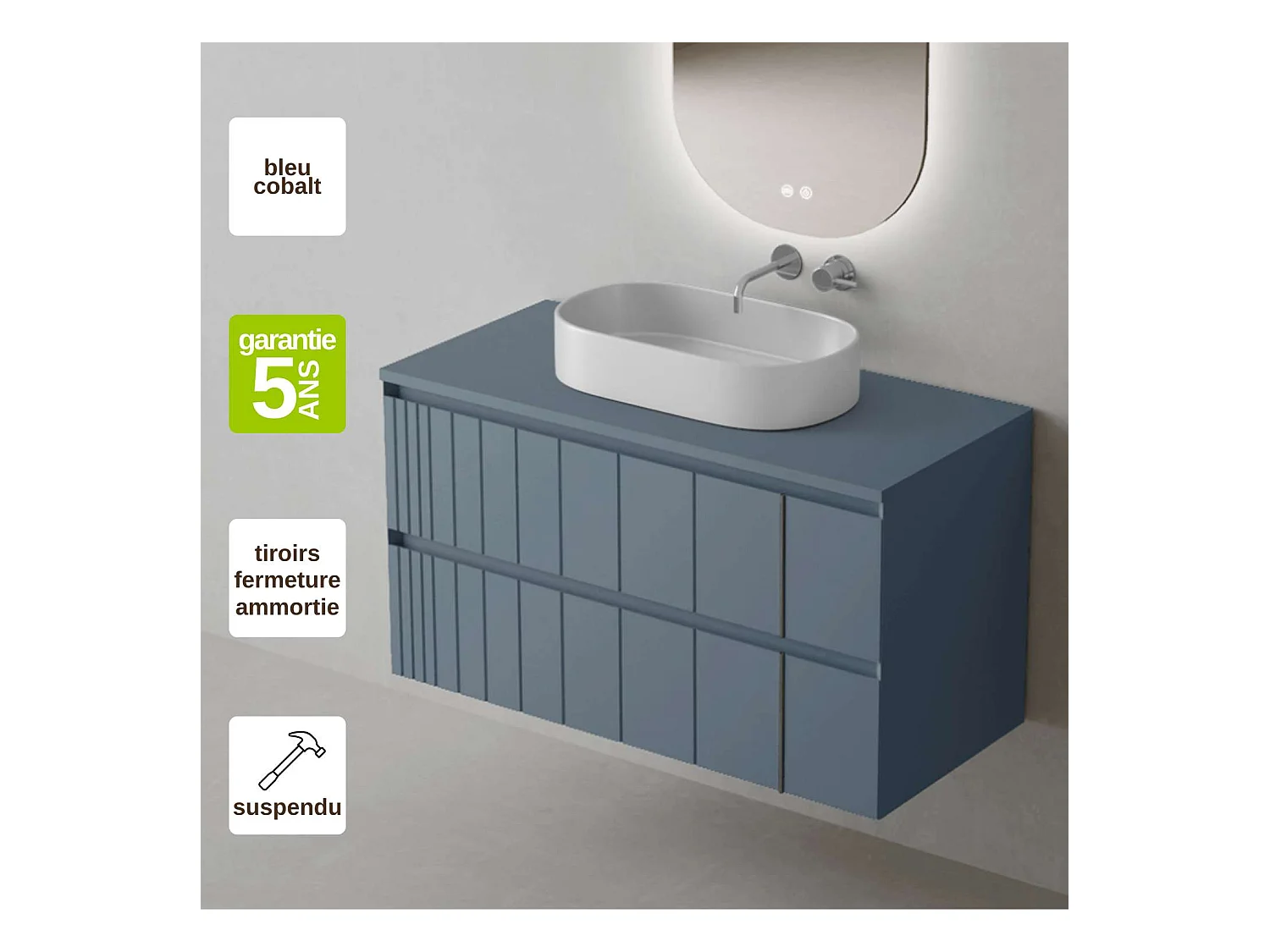 Meuble Salle de Bain POLE (61 cm x H54 x P45 cm), Plan Vasque Marin VAL WB, 2 Tiroirs, Laqué Bleu Cobalt Mat