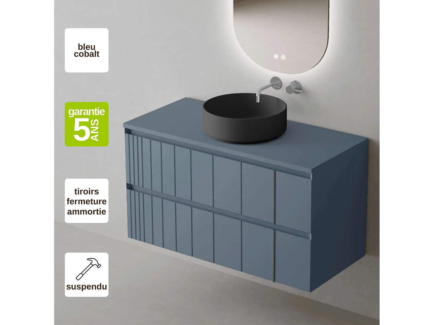 Meuble Salle de Bain POLE 80cm, Plan Vasque Marin ROLL, 2 Tiroirs, Laqué Bleu Cobalt, H 54cm x P 45cm
