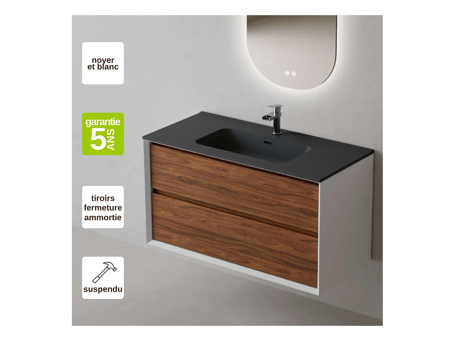 Meuble Salle de Bain COOL  (81 cm x H54 x P45 cm), Plan Vasque Céramique WM, 2 Tiroirs, Chêne Naturel