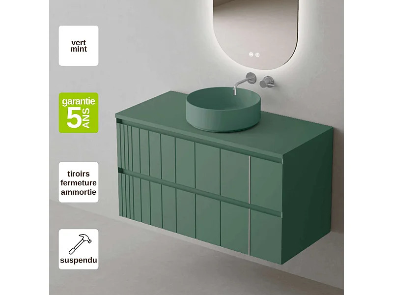 Meuble Salle de Bain POLE (81 cm x H54 x P45 cm), Plan Vasque Marin ROLL VM.Mat, 2 Tiroirs, Laqué Vert Mint