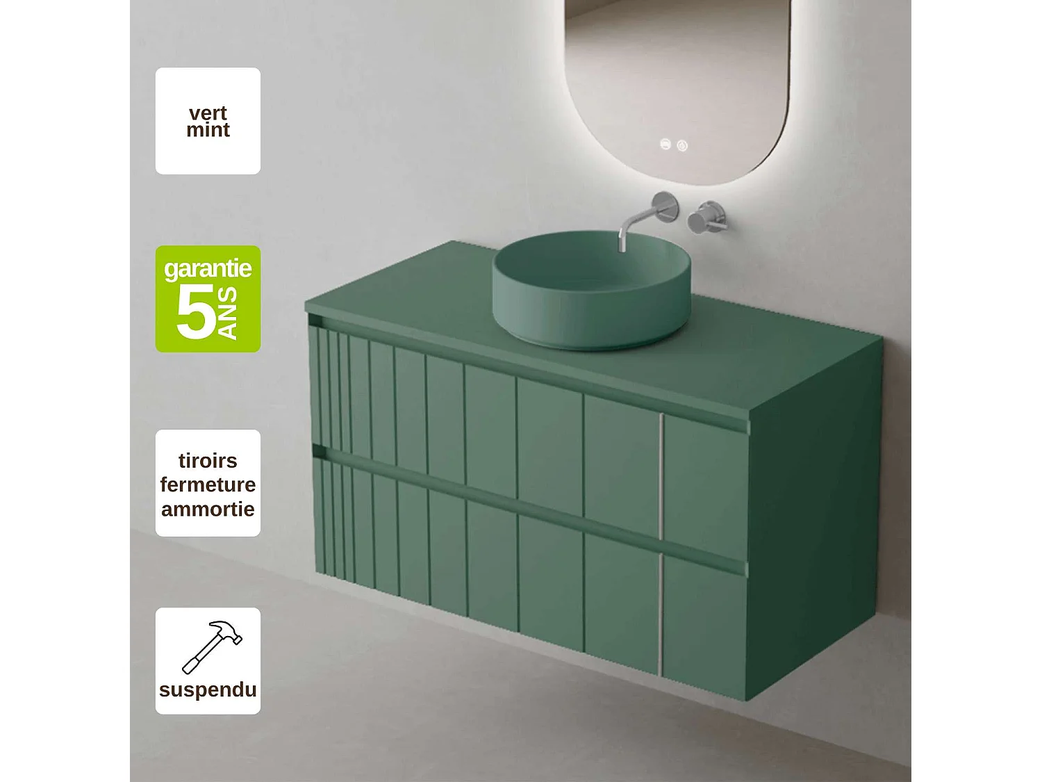 Meuble Salle de Bain POLE 80cm, Plan Vasque Marin ROLL, 2 Tiroirs, Laqué Vert Mint, H 54cm x P 45cm