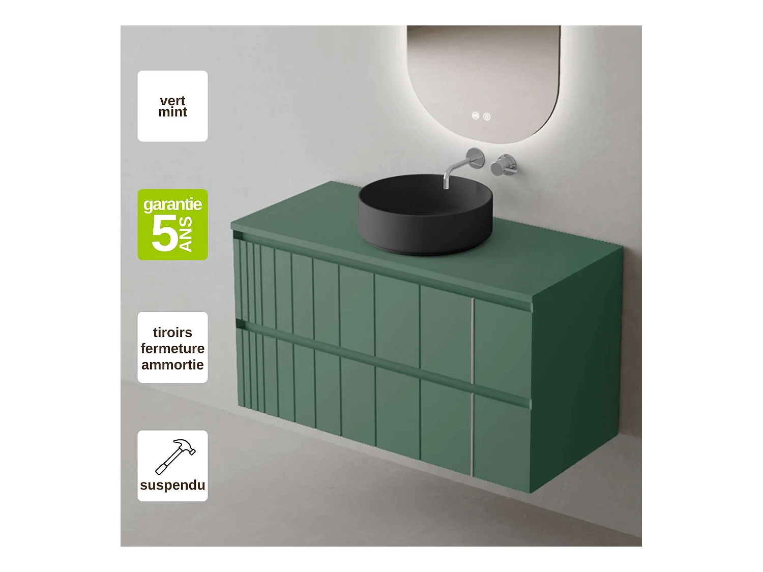 Meuble Salle de Bain POLE (101 cm x H54 x P45 cm), Plan Vasque Marin ROLL N.Mat, 2 Tiroirs, Laqué Vert Mint