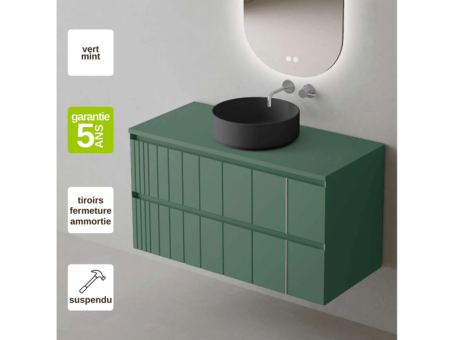 Meuble Salle de Bain POLE (101 cm x H54 x P45 cm), Plan Vasque Marin ROLL N.Mat, 2 Tiroirs, Laqué Vert Mint