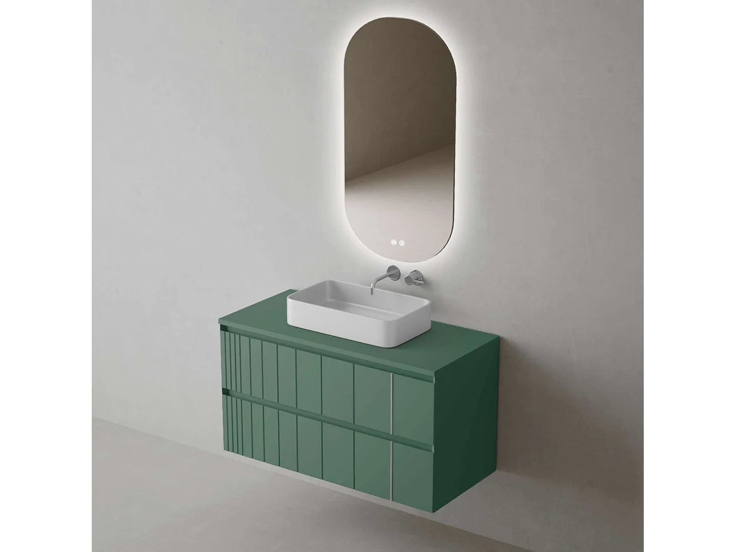 Meuble Salle de Bain POLE (101 cm x H54 x P45 cm), Plan Vasque Marin TAN WB, 2 Tiroirs, Laqué Vert Mint