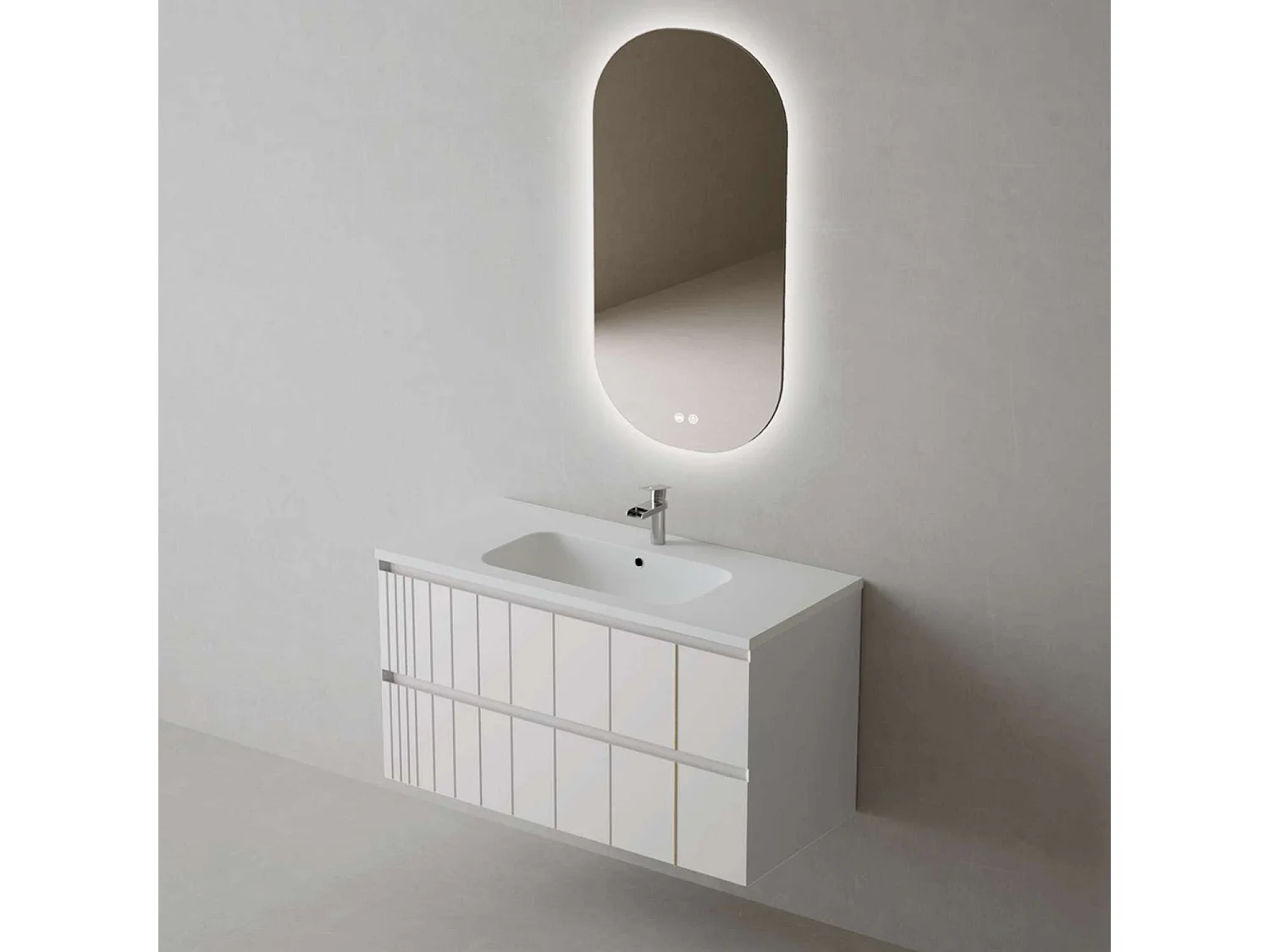 Meuble Salle de Bain POLE (61 cm x H54 x P45 cm), Plan Vasque Solide Surface MB, 2 Tiroirs, Laqué Blanc Mat