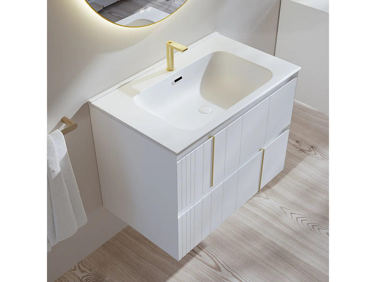 Meuble Salle de Bain POLE (61 cm x H54 x P45 cm), Plan Vasque Solide Surface MB, 2 Tiroirs, Laqué Blanc Mat