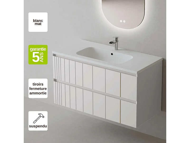 Meuble Salle de Bain POLE (61 cm x H54 x P45 cm), Plan Vasque Céramique WB, 2 Tiroirs, Laqué Blanc Mat