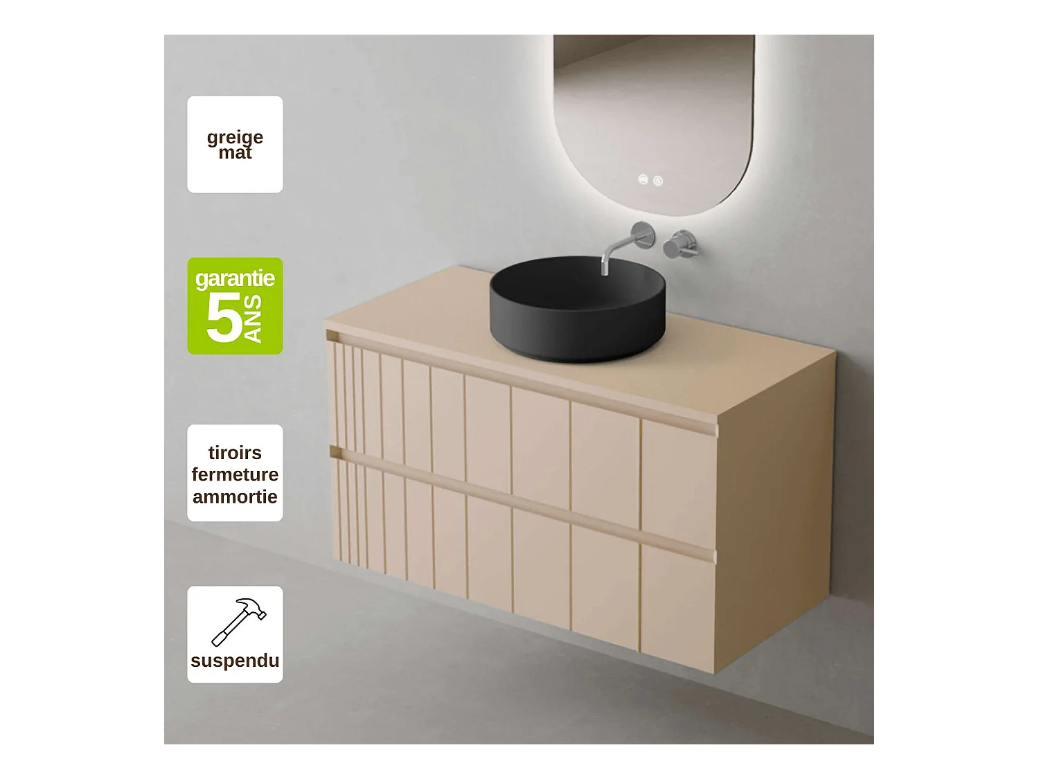 Meuble Salle de Bain POLE (101 cm x H54 x P45 cm), Plan Vasque Marin ROLL N.Mat, 2 Tiroirs, Laqué Greige Mat