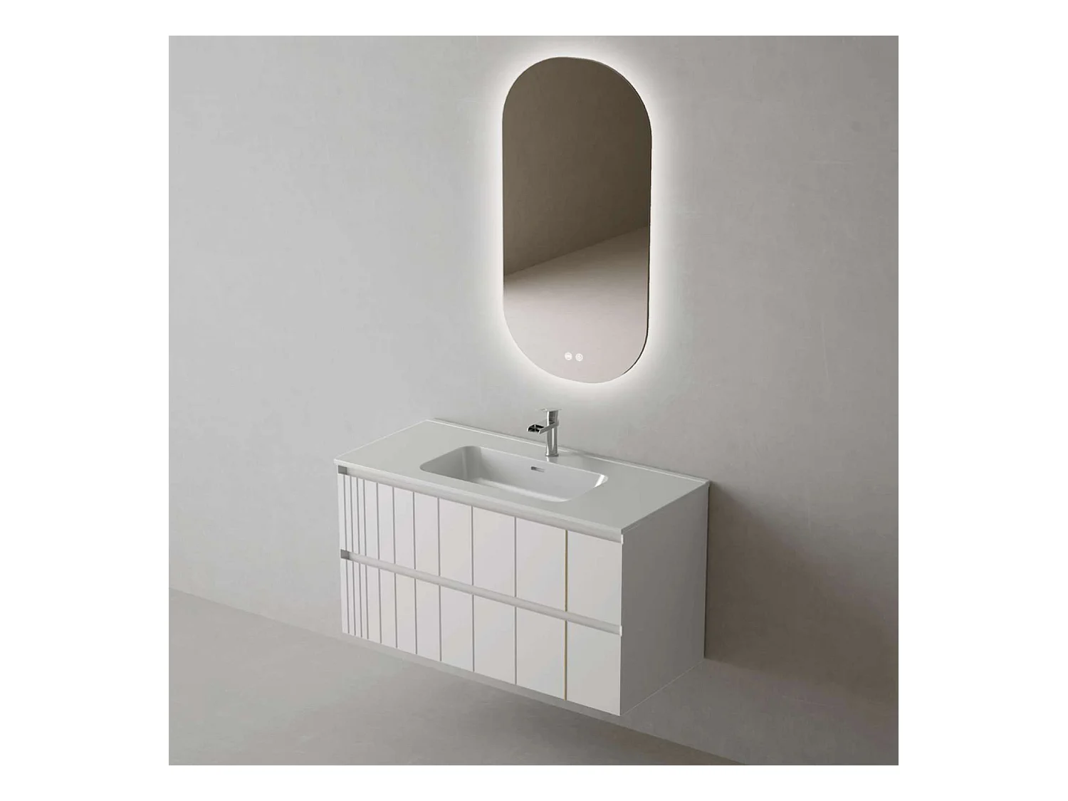 Meuble Salle de Bain POLE (101 cm x H54 x P45 cm), Plan Vasque Céramique WB, 2 Tiroirs, Laqué Blanc Mat