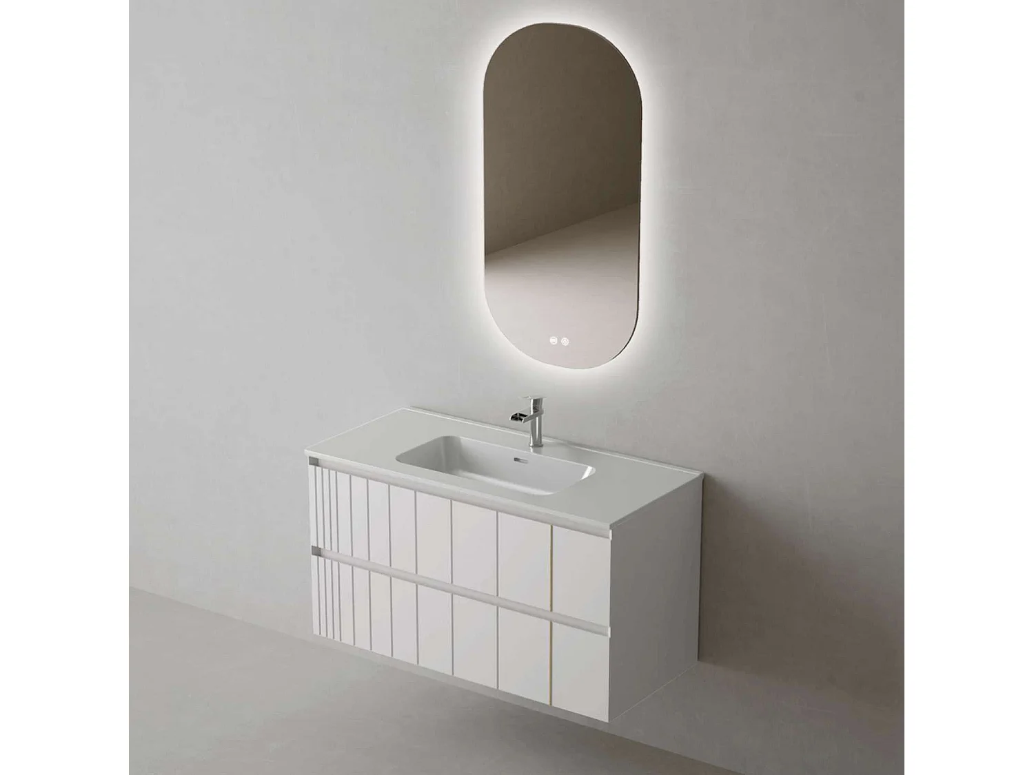 Meuble Salle de Bain POLE (101 cm x H54 x P45 cm), Plan Vasque Céramique WB, 2 Tiroirs, Laqué Blanc Mat