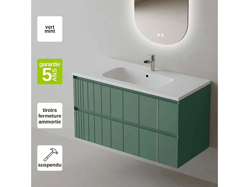 Meuble Salle de Bain POLE (101 cm x H54 x P45 cm), Plan Vasque Solide Surface MB, 2 Tiroirs, Laqué Vert Mint