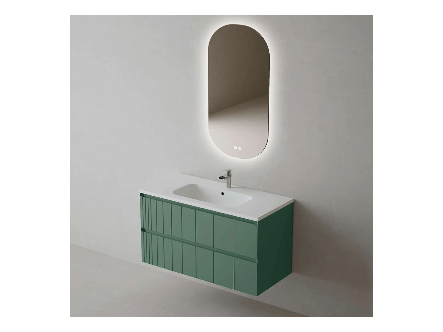 Meuble Salle de Bain POLE (101 cm x H54 x P45 cm), Plan Vasque Solide Surface MB, 2 Tiroirs, Laqué Vert Mint