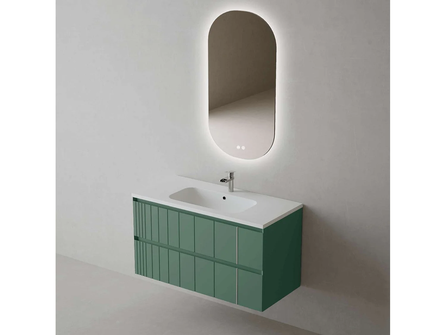 Meuble Salle de Bain POLE (101 cm x H54 x P45 cm), Plan Vasque Solide Surface MB, 2 Tiroirs, Laqué Vert Mint