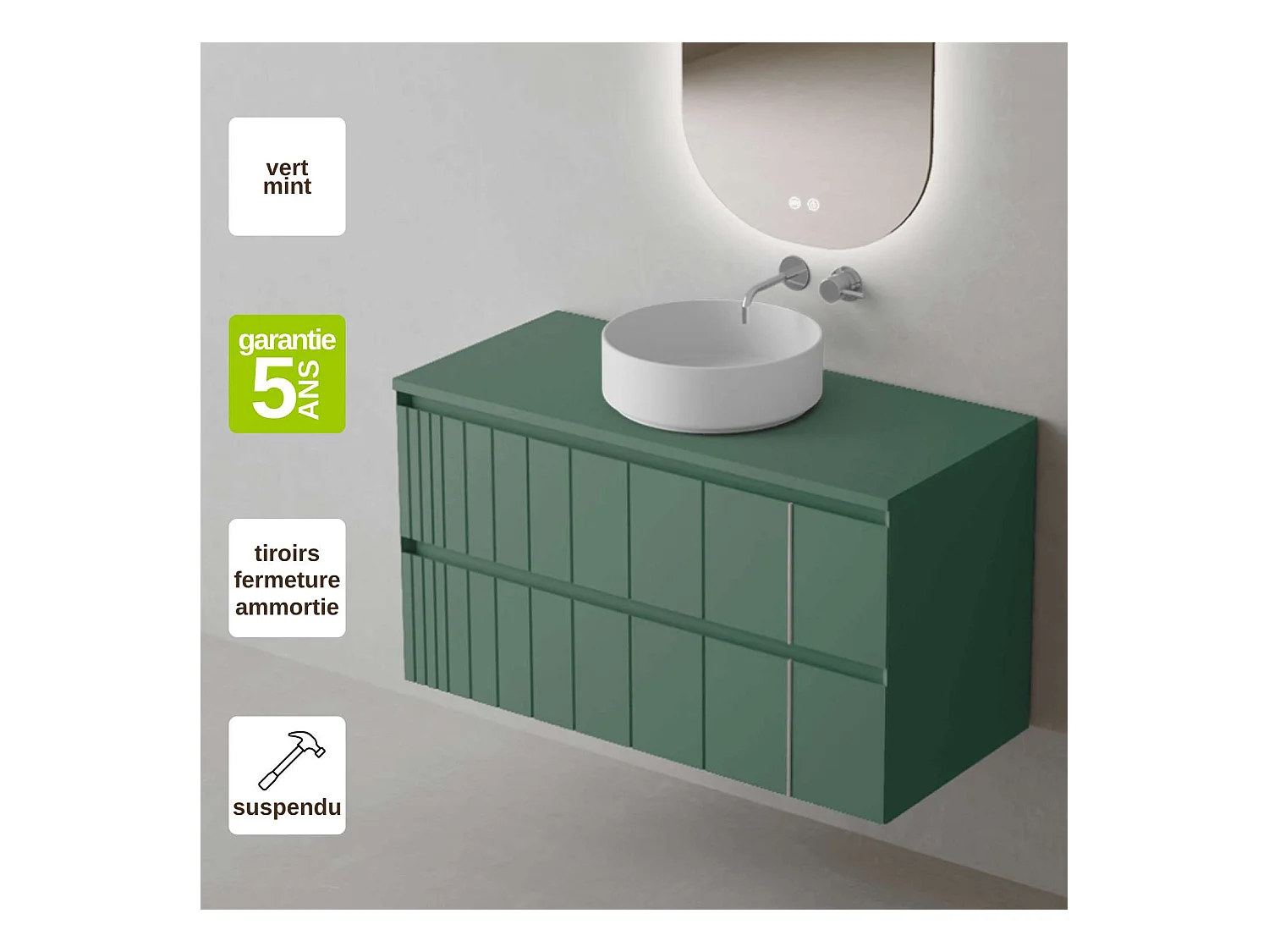 Meuble Salle de Bain POLE (81 cm x H54 x P45 cm), Plan Vasque Marin ROLL W.Brillant, 2 Tiroirs, Laqué Vert Mint