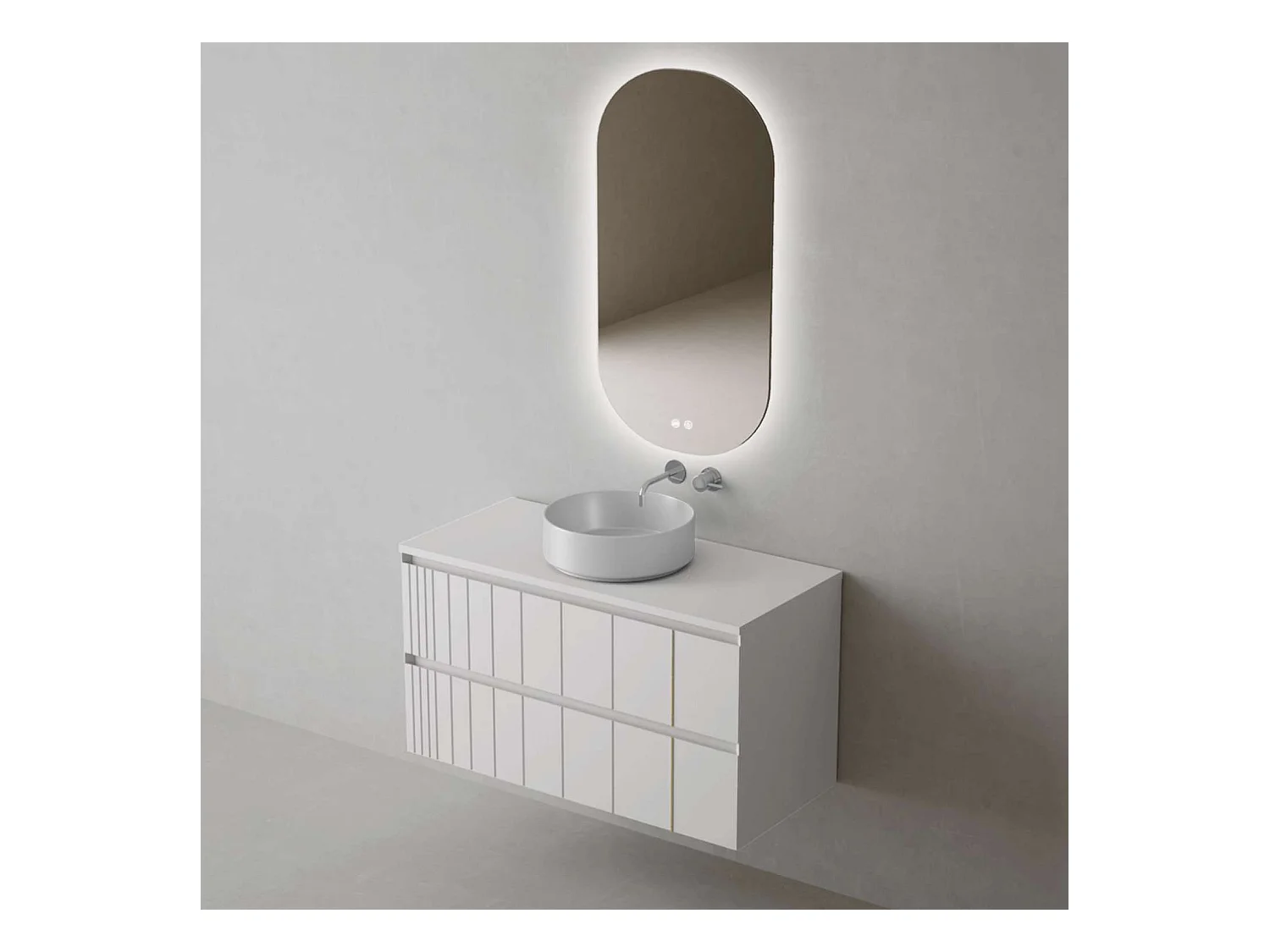 Meuble Salle de Bain POLE (81 cm x H54 x P45 cm), Plan Vasque Marin ROLL W.Brillant, 2 Tiroirs, Laqué Blanc Mat