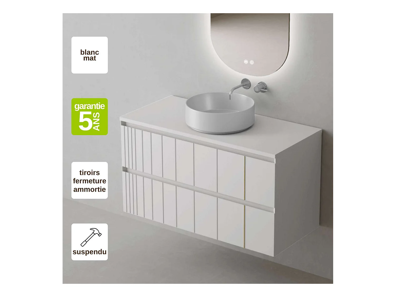 Meuble Salle de Bain POLE (81 cm x H54 x P45 cm), Plan Vasque Marin ROLL W.Brillant, 2 Tiroirs, Laqué Blanc Mat