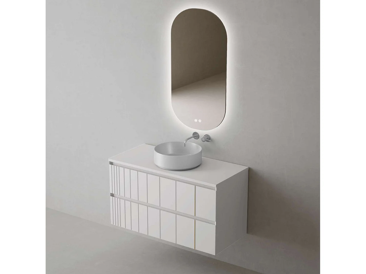 Meuble Salle de Bain POLE (81 cm x H54 x P45 cm), Plan Vasque Marin ROLL W.Brillant, 2 Tiroirs, Laqué Blanc Mat