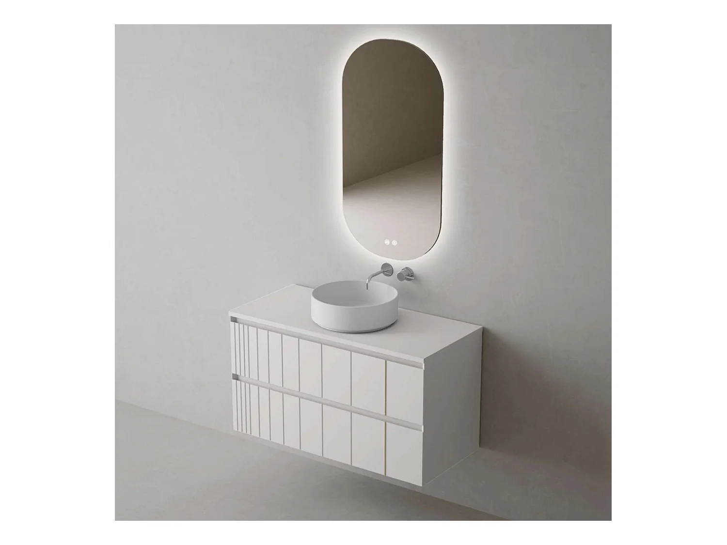 Meuble Salle de Bain POLE (61 cm x H54 x P45 cm), Plan Vasque Marin ROLL W.Mat, 2 Tiroirs, Laqué Blanc Mat