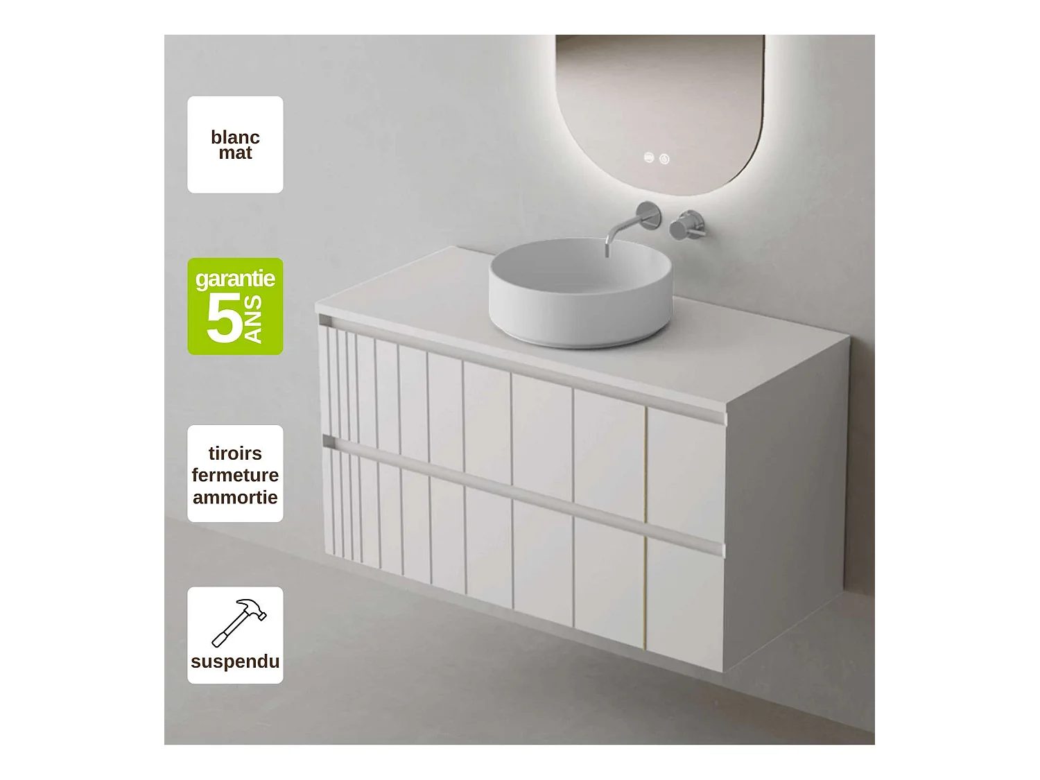 Meuble Salle de Bain POLE (61 cm x H54 x P45 cm), Plan Vasque Marin ROLL W.Mat, 2 Tiroirs, Laqué Blanc Mat
