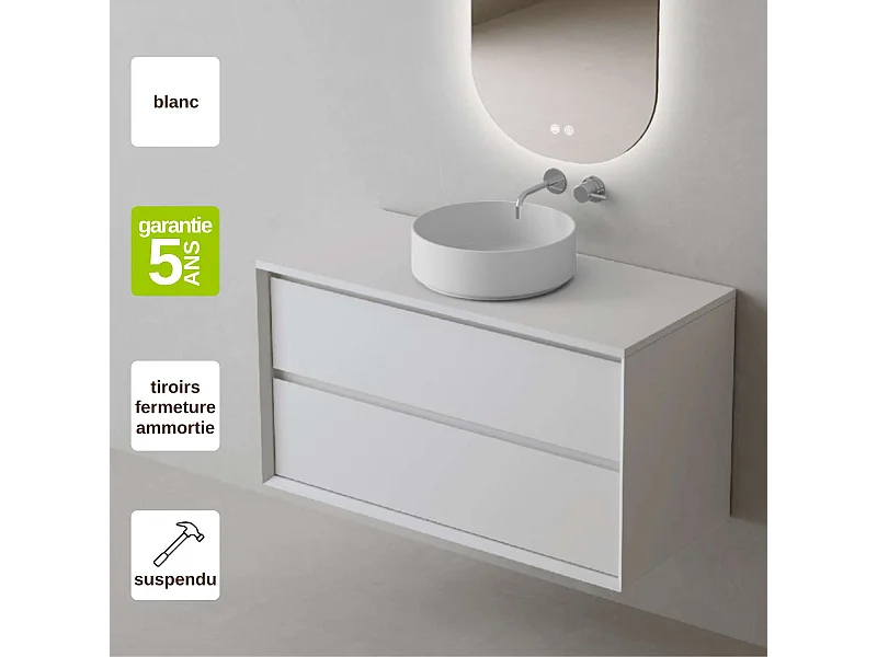 Meuble Salle de Bain COOL  (101 cm x H54 x P45 cm), Plan Vasque Marin ROLL WM, 2 Tiroirs, Laqué Blanc Mat/Noyer