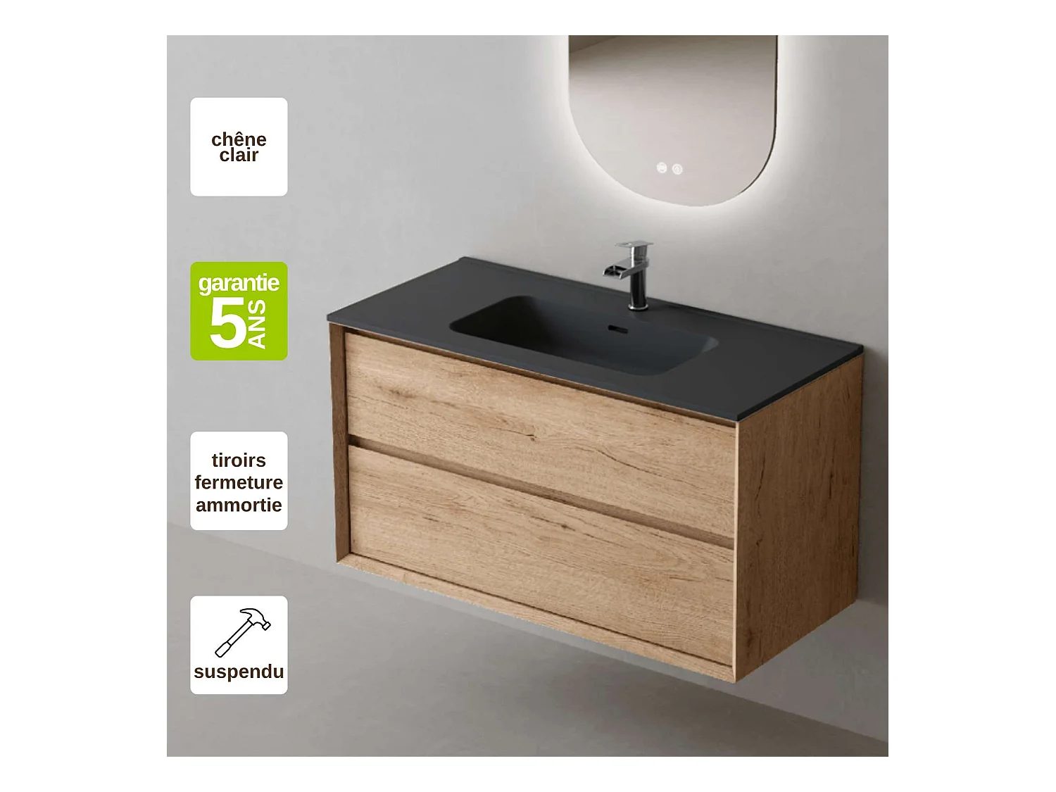 Meuble Salle de Bain COOL  (81 cm x H54 x P45 cm), Plan Vasque Céramique NM, 2 Tiroirs, Chêne Naturel
