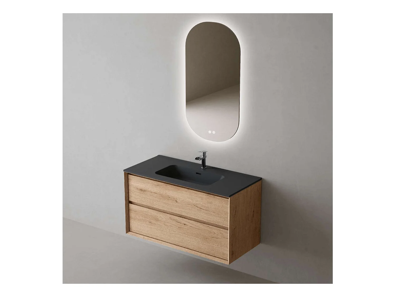 Meuble Salle de Bain COOL  (81 cm x H54 x P45 cm), Plan Vasque Céramique NM, 2 Tiroirs, Chêne Naturel