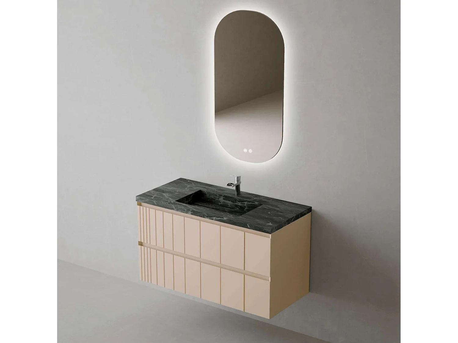 Meuble Salle de Bain POLE (61 cm x H54 x P45 cm), Plan Grès Cérame NA, 2 Tiroirs, Laqué Greige Mat