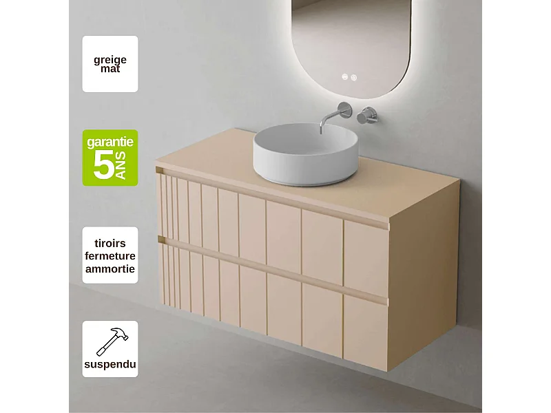 Meuble Salle de Bain POLE (101 cm x H54 x P45 cm), Plan Vasque Marin ROLL W.Brillant, 2 Tiroirs, Laqué Greige Mat