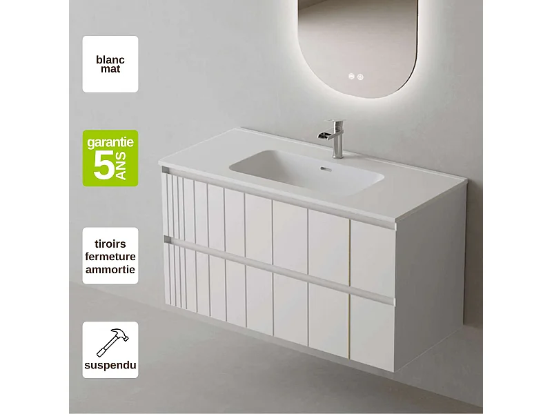 Meuble Salle de Bain POLE (61 cm x H54 x P45 cm), Plan Vasque Céramique WM, 2 Tiroirs, Laqué Blanc Mat