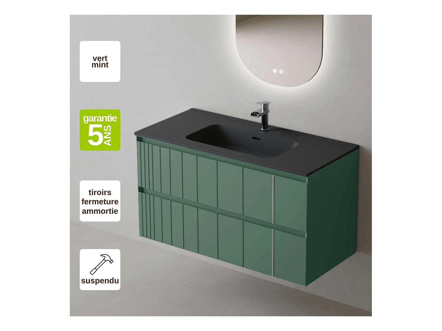 Meuble Salle de Bain POLE (81 cm x H54 x P45 cm), Plan Vasque Céramique NM, 2 Tiroirs, Laqué Vert Mint