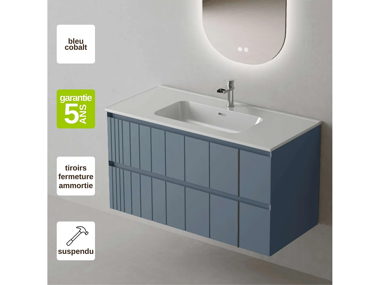 Meuble Salle de Bain POLE 80cm, Plan Vasque Céramique, 2 Tiroirs, Laqué Bleu Cobalt, H 54cm x P 45cm