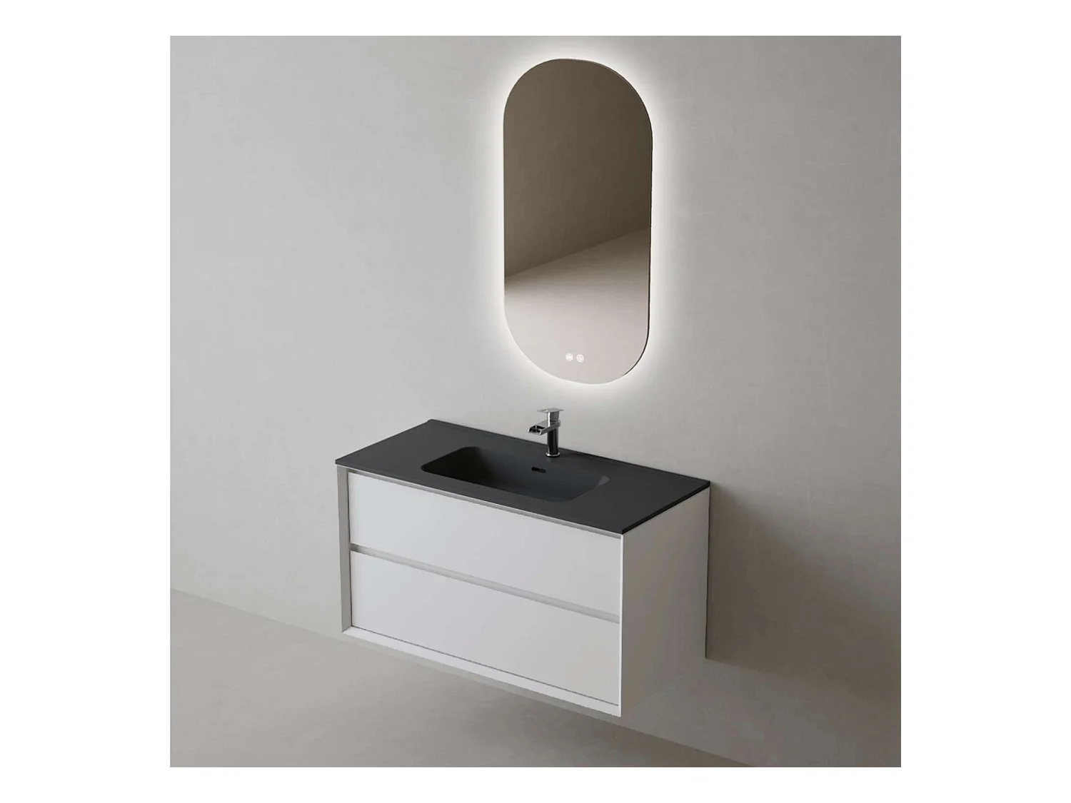 Meuble Salle de Bain COOL  (61 cm x H54 x P45 cm), Plan Vasque Céramique NM, 2 Tiroirs, Laqué Blanc Mat/Noyer