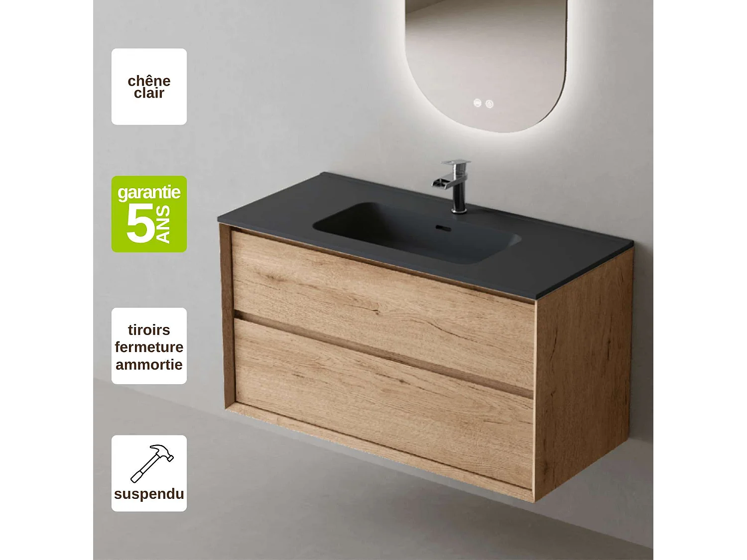 Meuble Salle de Bain COOL  (101 cm x H54 x P45 cm), Plan Vasque Céramique NM, 2 Tiroirs, Chêne Naturel