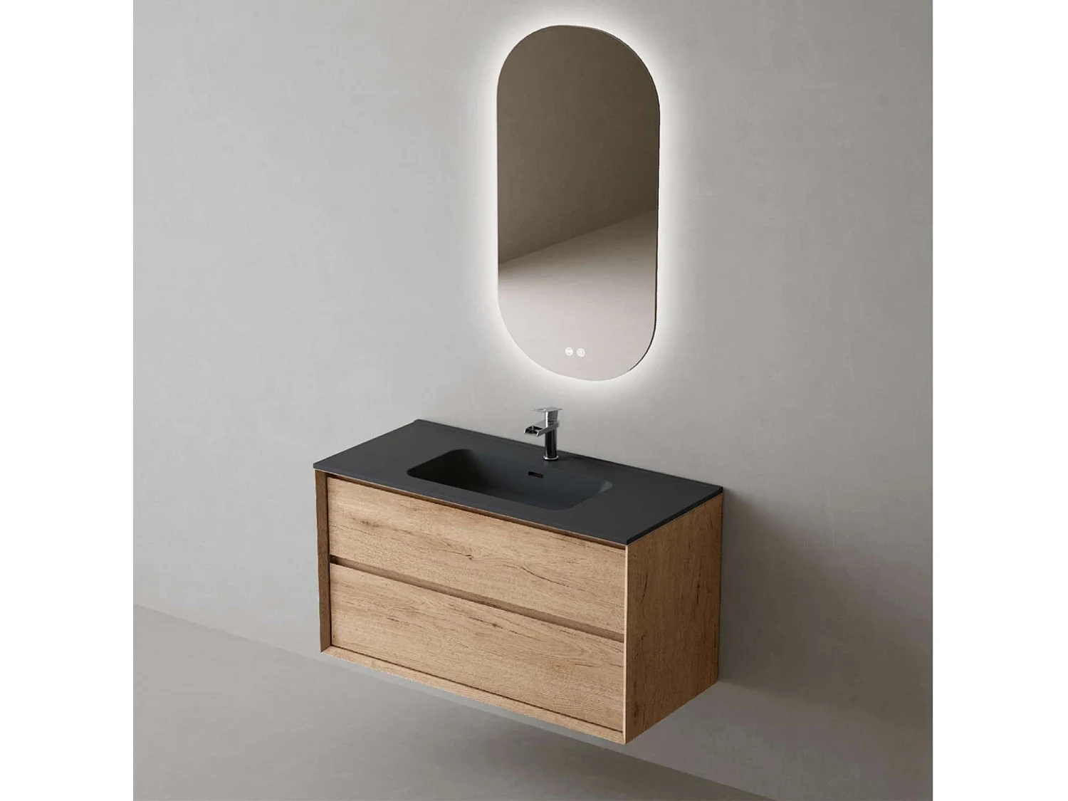 Meuble Salle de Bain COOL  (101 cm x H54 x P45 cm), Plan Vasque Céramique NM, 2 Tiroirs, Chêne Naturel