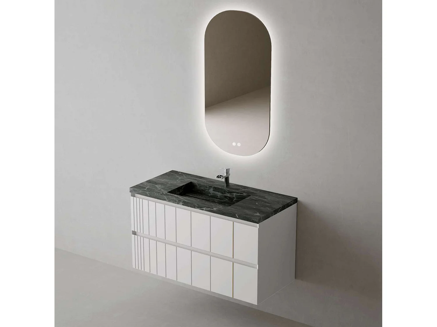 Meuble Salle de Bain POLE (81 cm x H54 x P45 cm), Plan Grès Cérame NA, 2 Tiroirs, Laqué Blanc Mat