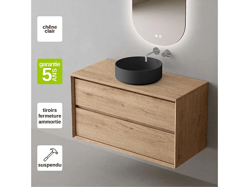 Meuble Salle de Bain COOL  (101 cm x H54 x P45 cm), Plan Vasque Marin ROLL NM, 2 Tiroirs, Chêne Naturel