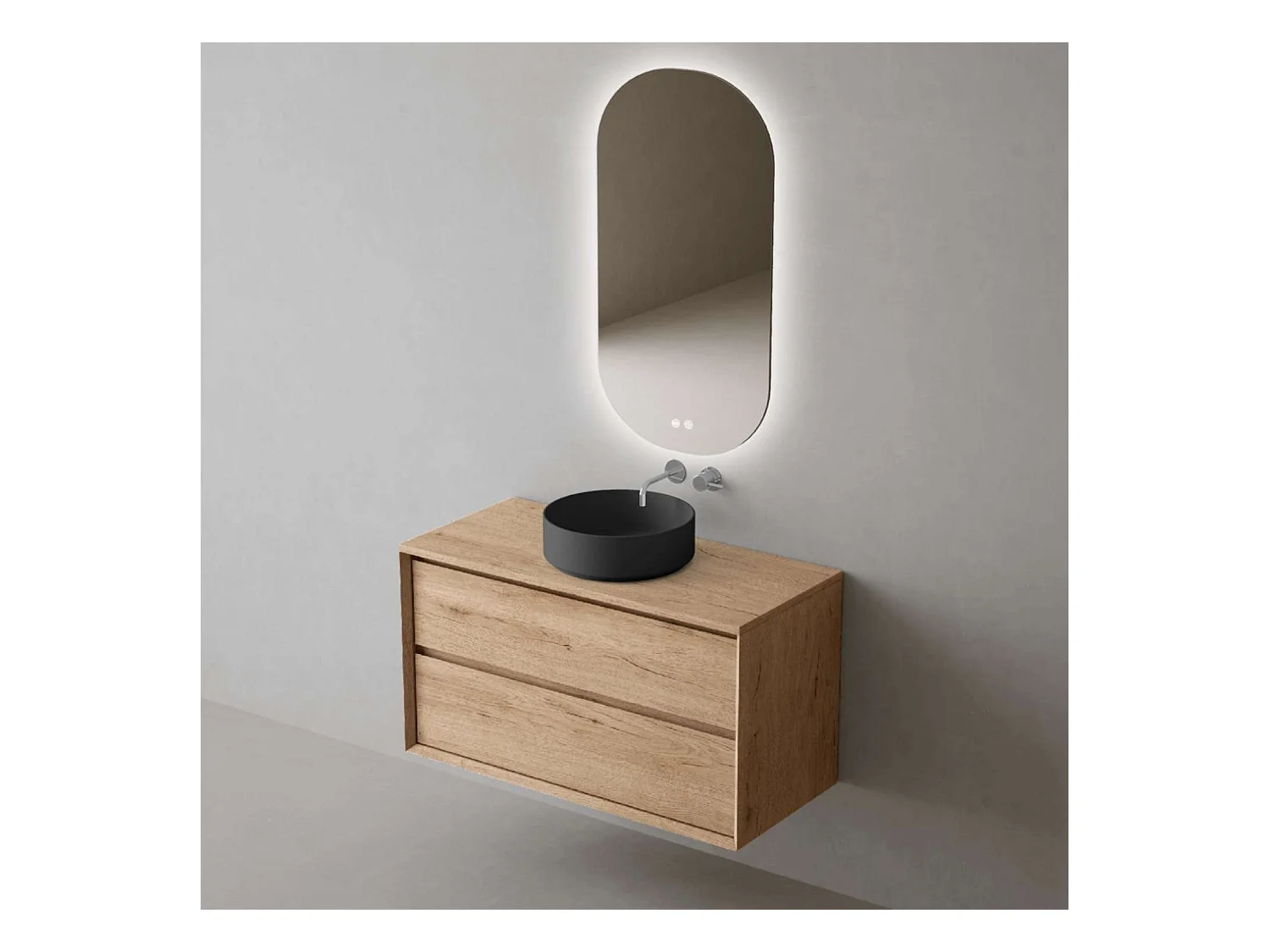 Meuble Salle de Bain COOL  (101 cm x H54 x P45 cm), Plan Vasque Marin ROLL NM, 2 Tiroirs, Chêne Naturel