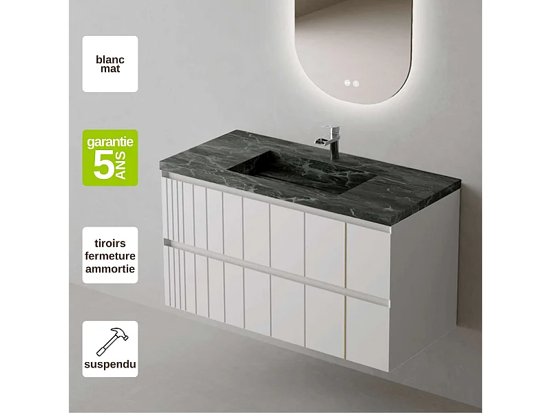 Meuble Salle de Bain POLE (101 cm x H54 x P45 cm), Plan Grès Cérame NA, 2 Tiroirs, Laqué Blanc Mat