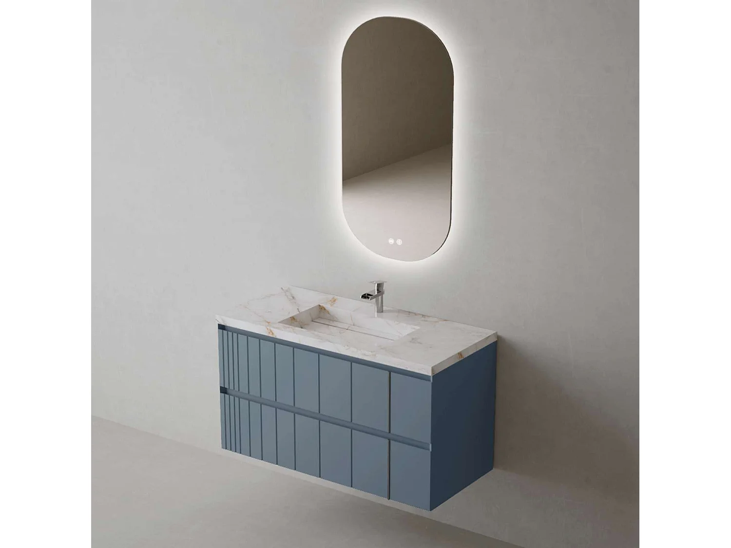 Meuble Salle de Bain POLE (81 cm x H54 x P45 cm), Plan Grès Cérame BS, 2 Tiroirs, Laqué Bleu Cobalt Mat
