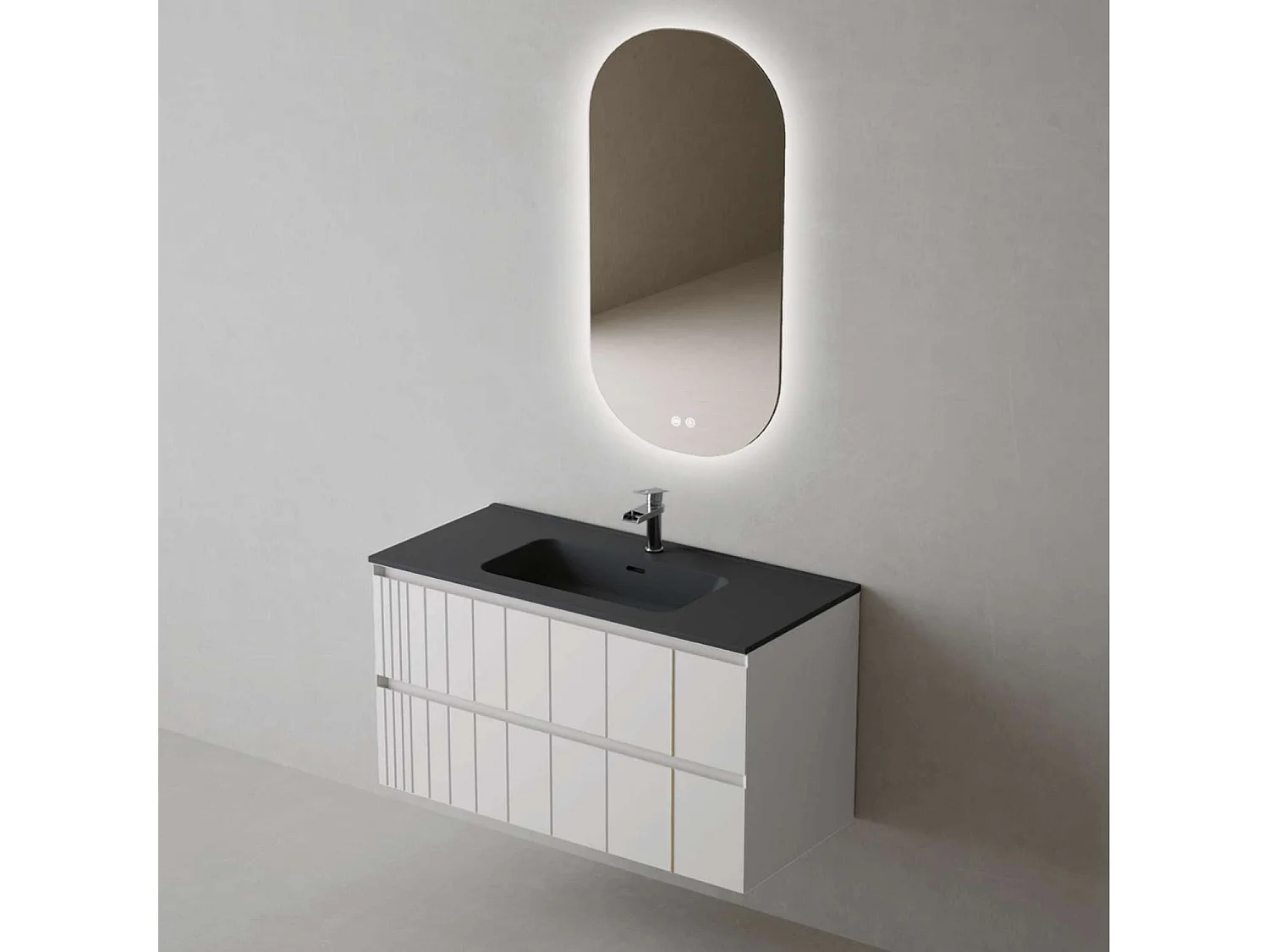 Meuble Salle de Bain POLE (61 cm x H54 x P45 cm), Plan Vasque Céramique NM, 2 Tiroirs, Laqué Blanc Mat