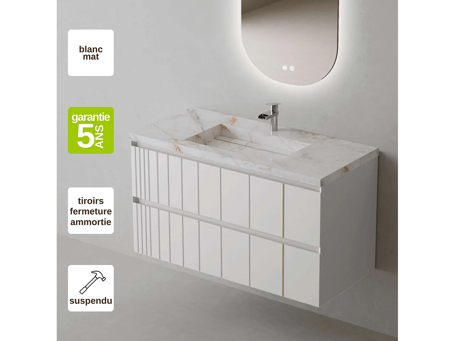 Meuble Salle de Bain POLE (61 cm x H54 x P45 cm), Plan Grès Cérame BS, 2 Tiroirs, Laqué Blanc Mat