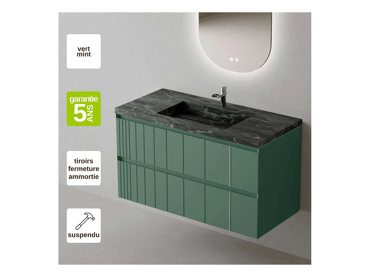 Meuble Salle de Bain POLE (101 cm x H54 x P45 cm), Plan Grès Cérame NA, 2 Tiroirs, Laqué Vert Mint