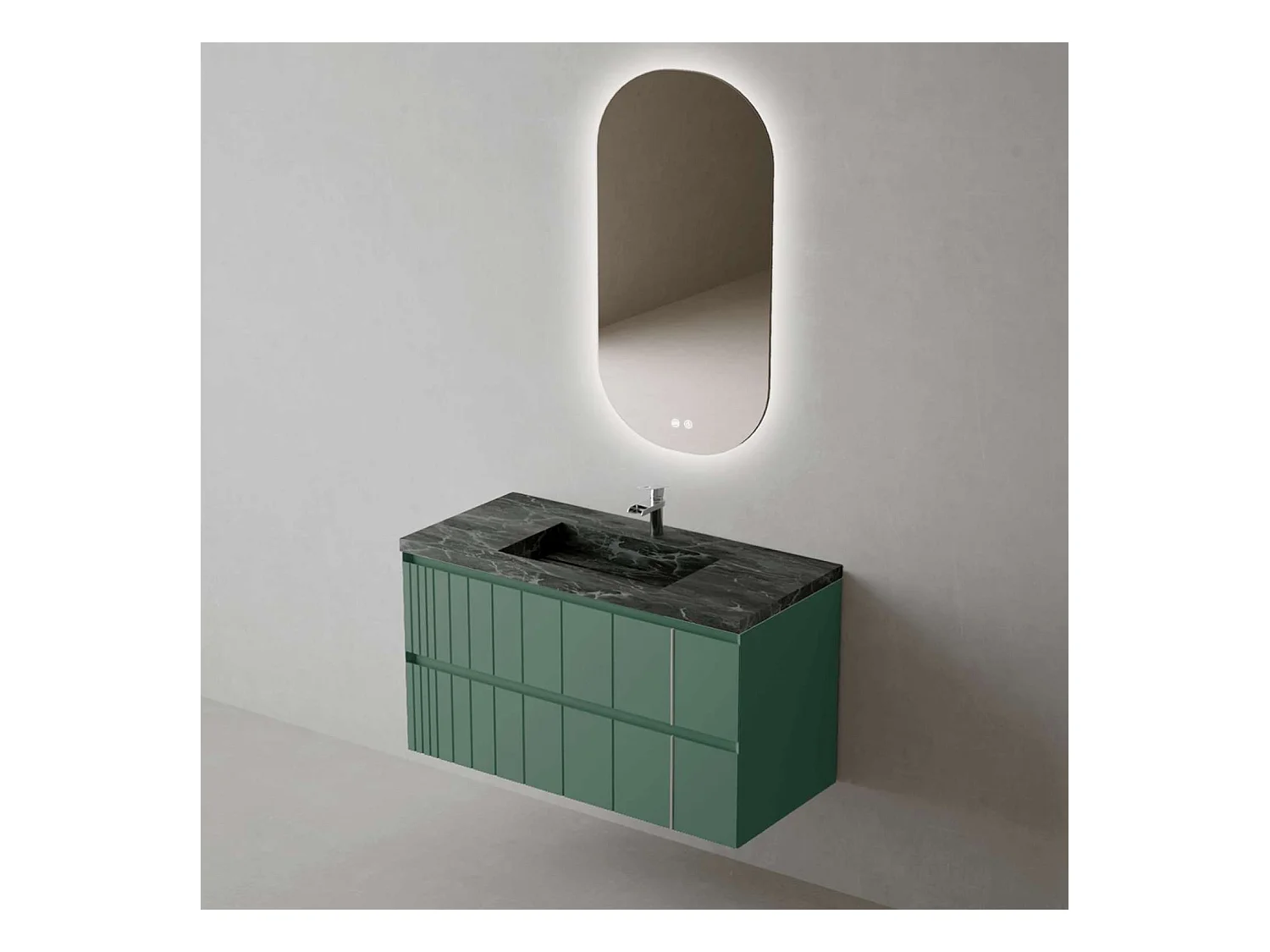 Meuble Salle de Bain POLE (101 cm x H54 x P45 cm), Plan Grès Cérame NA, 2 Tiroirs, Laqué Vert Mint