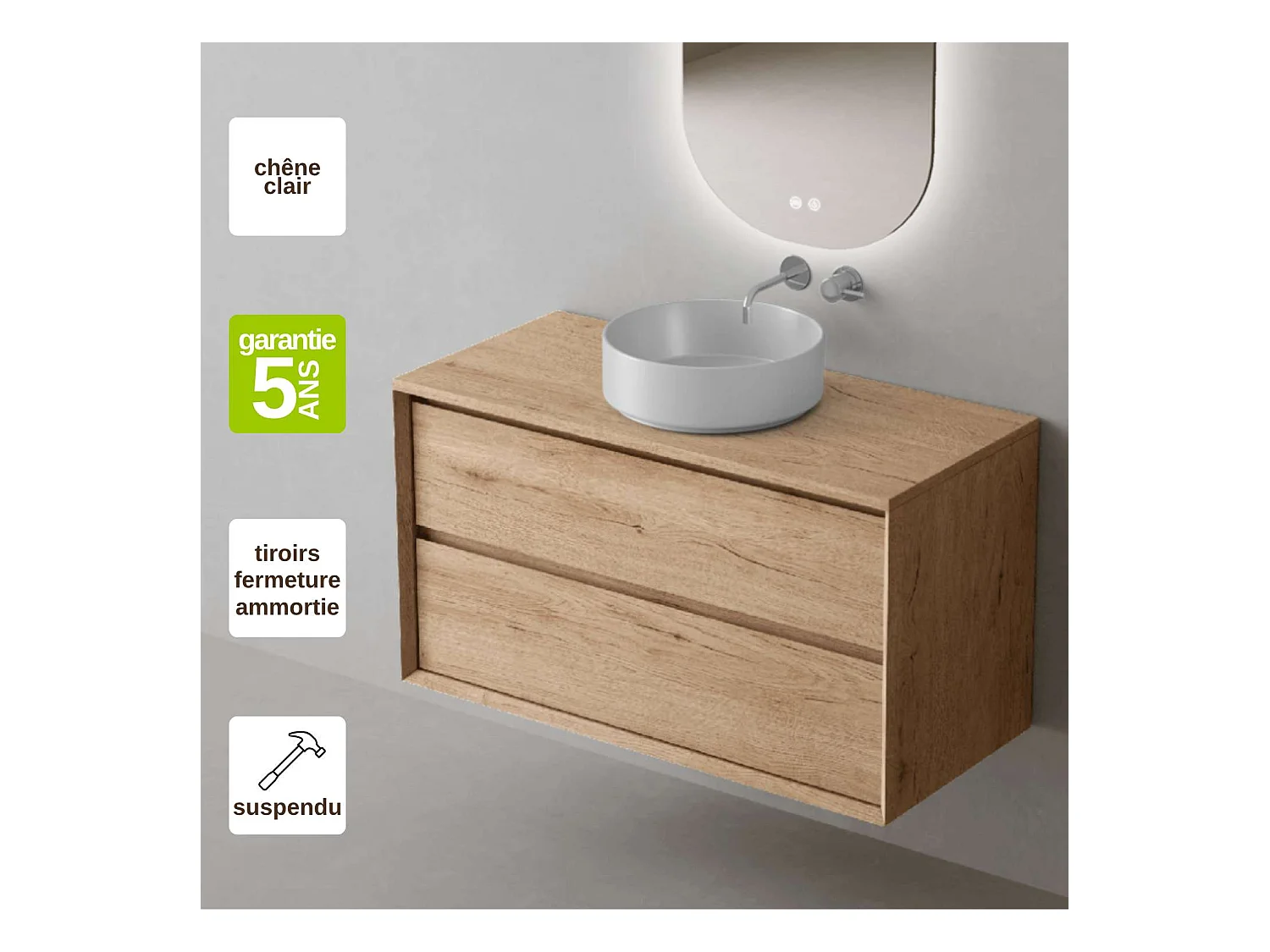 Meuble Salle de Bain COOL  (61 cm x H54 x P45 cm), Plan Vasque Marin ROLL WB, 2 Tiroirs, Chêne Naturel
