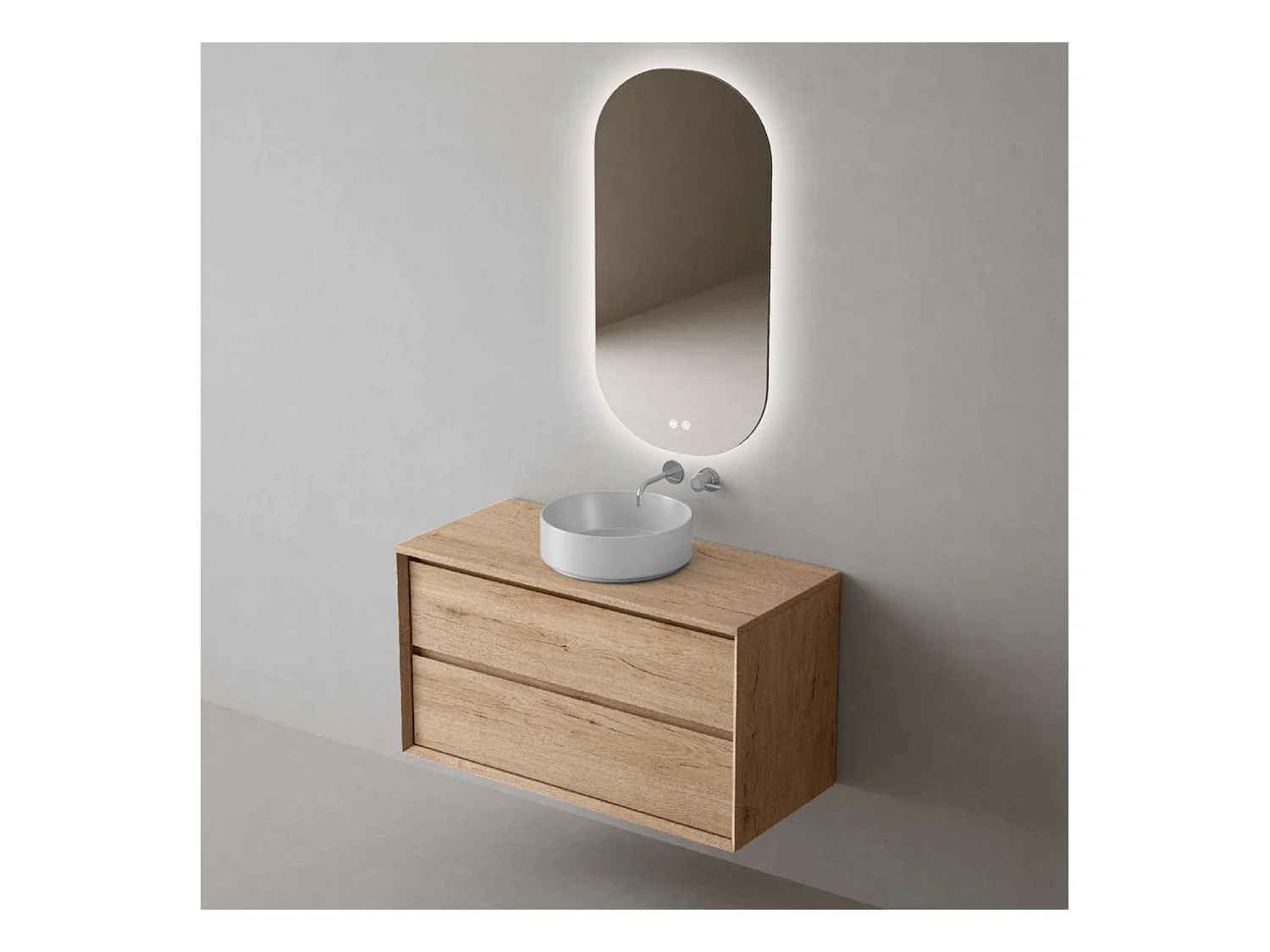 Meuble Salle de Bain COOL  (61 cm x H54 x P45 cm), Plan Vasque Marin ROLL WB, 2 Tiroirs, Chêne Naturel